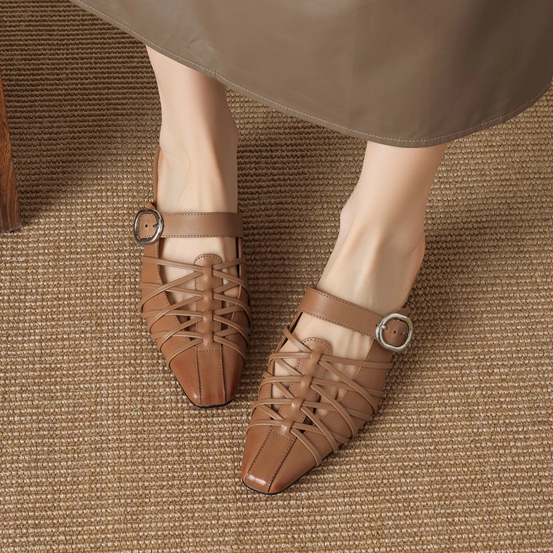 Women's new summer genuine leather cowhide hollow breathable toe cap retro high heels Mueller shoes fashion slippers view 2