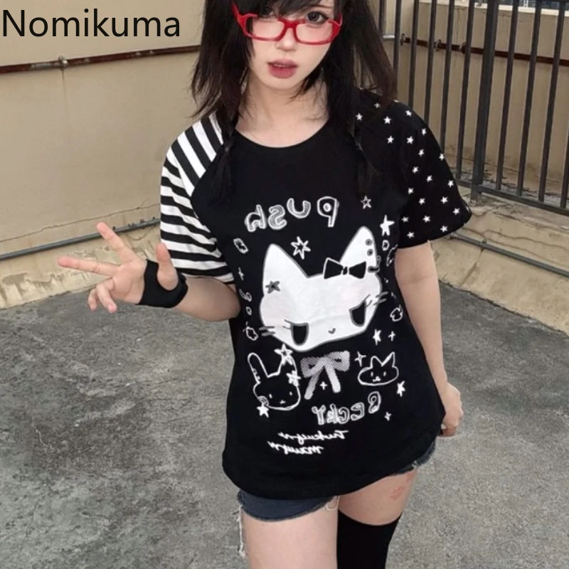 Милые женские футболки с принтом кота Y2k Топы 2025 Ropa Mujer Японские футболки с коротким рукавом и круглым вырезом Повседневная футболка Camisetas Модная летняя футболка