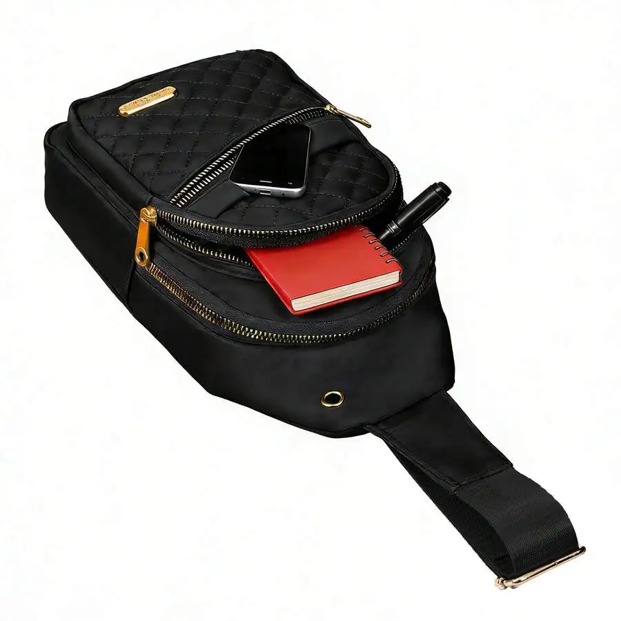 

Черная стеганая сумка-слинг через плечо с регулируемым ремнем и множеством карманов