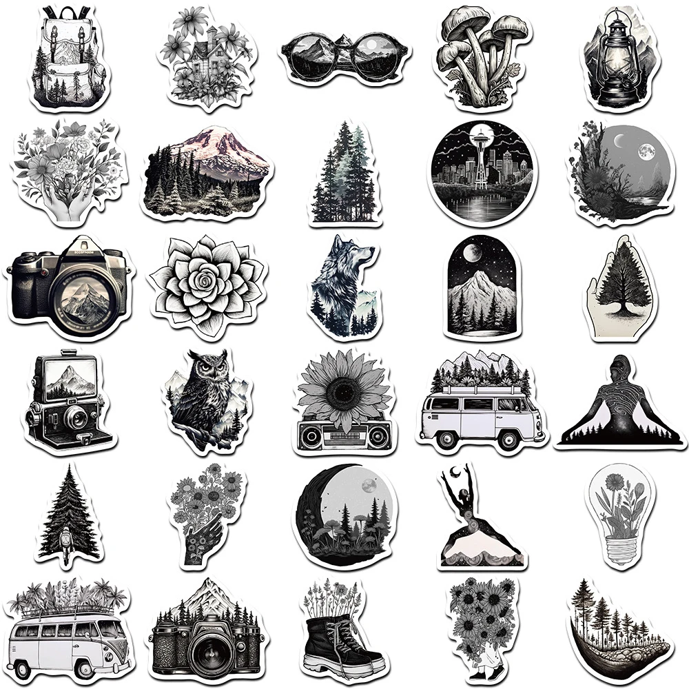 10/30/60 Stuks Zwart Wit Outdoor Landschap Cartoon Stickers Esthetische Graffiti Auto Motorfiets Bagage Waterdichte Sticker Kind Speelgoed