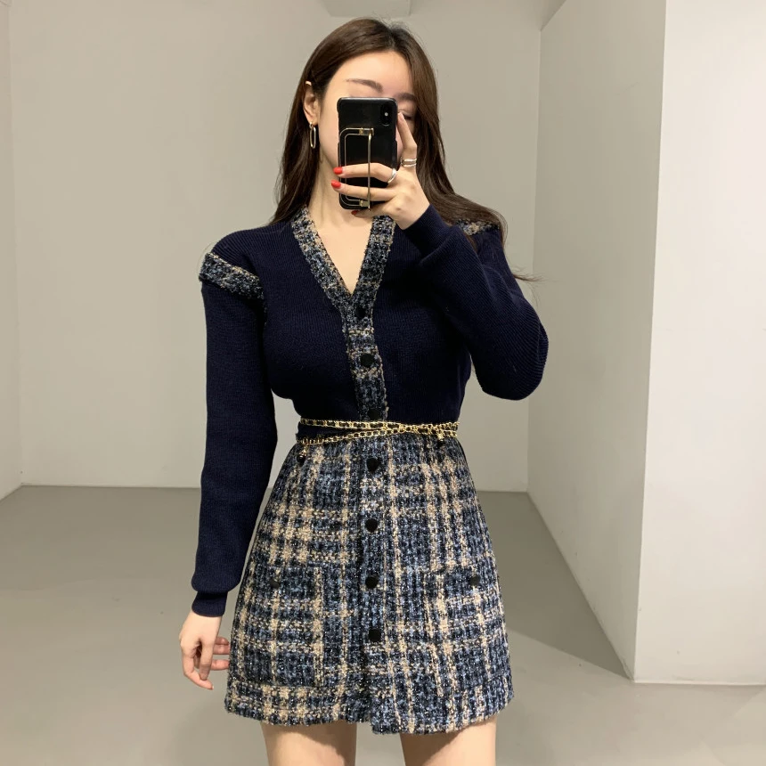 

V neck Sashes Knitted Sweater Tweed Dress Korean Style Autumn Vintage Office Vestidos Cortos Enteritos Largos de Mujer Elegantes