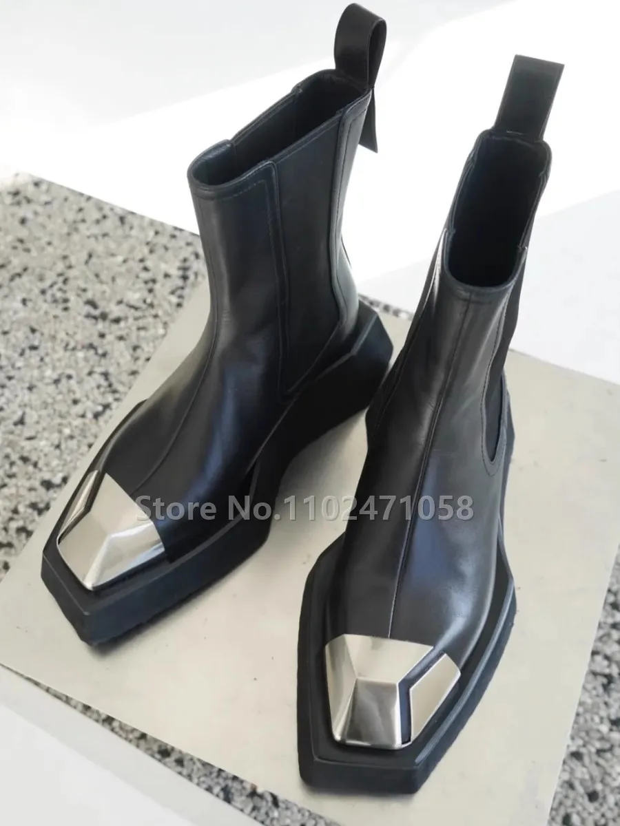 Fashion Metal Splicing Chunky Bottom Women Boots Square Toe Wedges Slip-On Chelsea Boots Female Height Increasing Winter Shoes