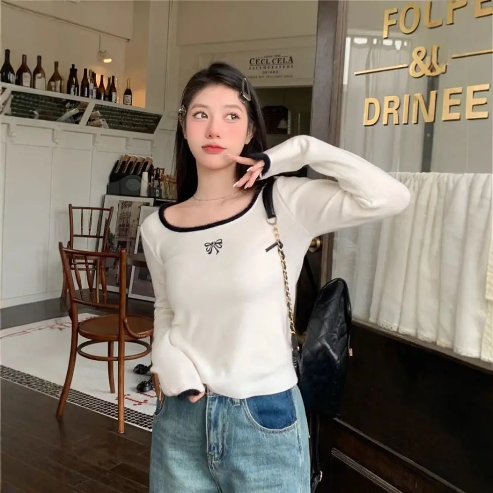 秋冬レディースニットセーターインナーウェア蝶結び刺繍無地長袖パッチワークTシャツスクエアネック