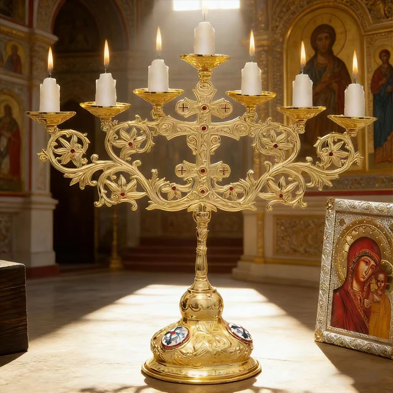 New 2026 Elegant Gold-Plated Orthodox Seven-Branch Candelabra with Red Accents for Church Services and Home Devotional Spaces