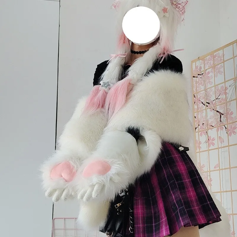 Pluszowe rękawice z pazurami, anime, zwierzęce łapki, urocze futrzane rękawice z pazurami kota, akcesoria do kostiumów na Halloween, cosplay dla dzieci i dorosłych.