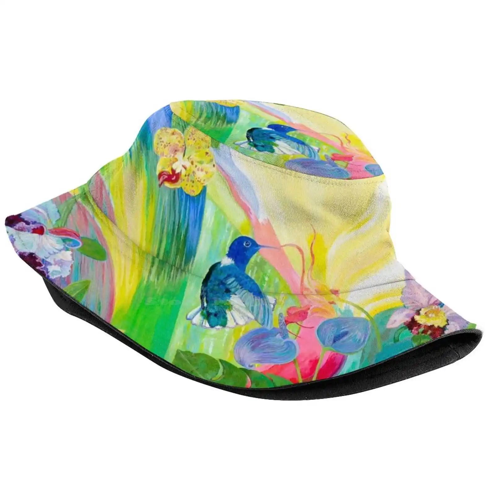 Hummingbird Harmony Sun Cap Fisherman Hat Bucket Hats Hummingbirds Orchids Tropical Johanne Narayn Trinidad Flamingo Arts