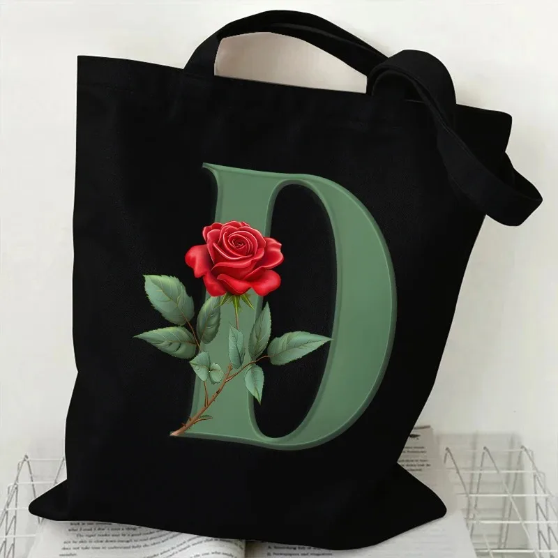 Borsa tote in tela da donna moderna con stampa di lettere Green Rose AZ 26 Zaino per studenti Borsa a tracolla pieghevole ed ecologica