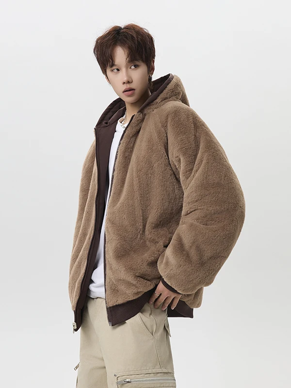

Double-Sided Wearable Thiened Hooded Cotton Jaet Men's Faion Brand Rabbit Fur Simulation Warm Cotton Coat for Winter