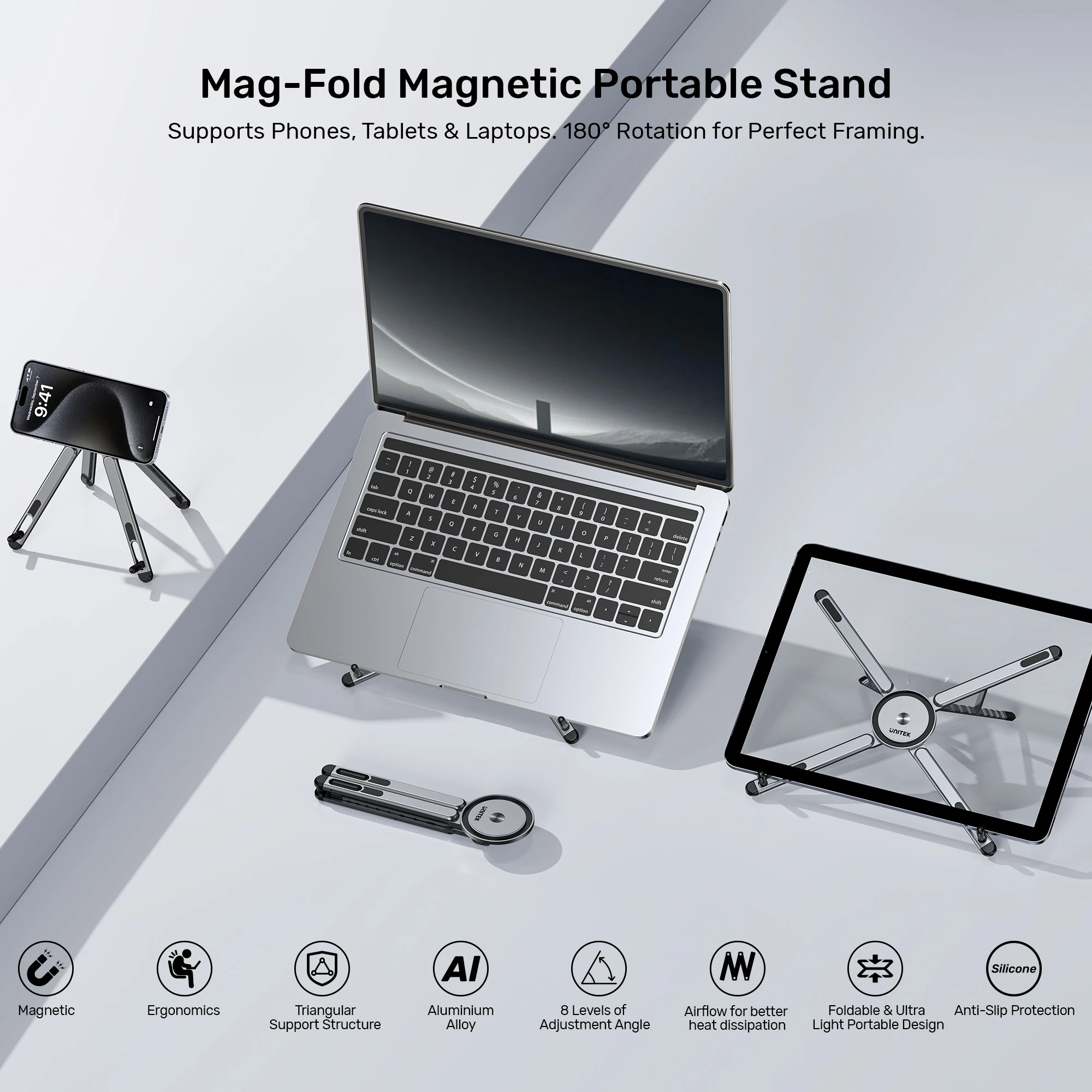 New Mag-Fold Magnetic Portable Stand 8 Height Adjustable Foldable Aluminum Handheld Stabilizer for iPhone iPad 13-16 Inch Laptop