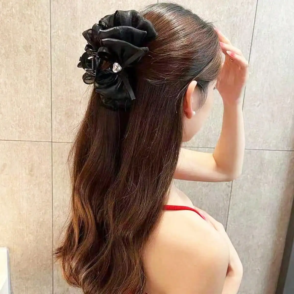 1pc women\'s multi-color rhinestone heart embellishment mesh bow hair clip double-sided bubble grip clip fluffy hair claw