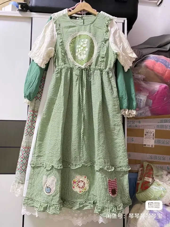 

Summer Women Sweet Cotton Ruffled Lace Patchwork Long Midi Dress Vintage Kawaii Japanese Mori Girl Harajuku Green Dress