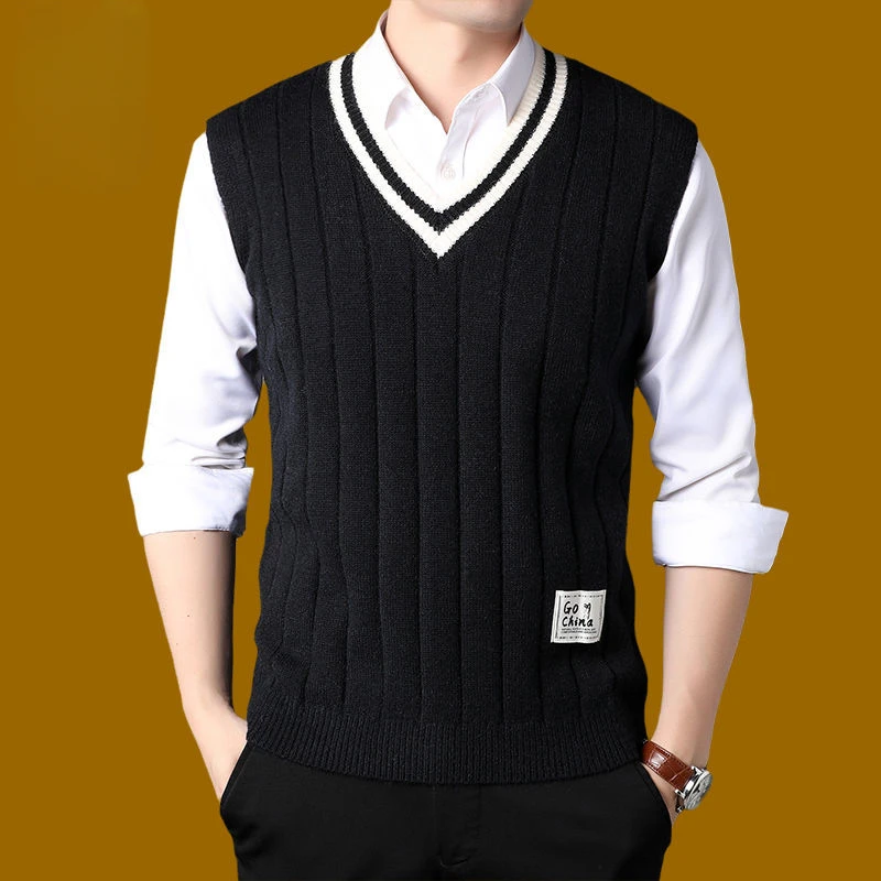 Men's Clothing Icon Knit Sweater Male Sleeveless Striped Waistcoat Vest Beige Heated Korean Style High Quality Replica Street X