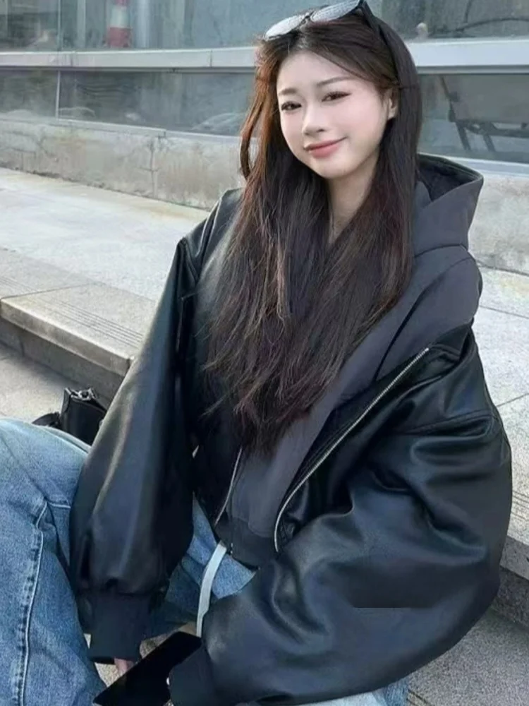 

Retro American Bla PU Leather Jaet ort Zipper Long Sve Women's Spring Motorcycle Sle Faionable Outerwear