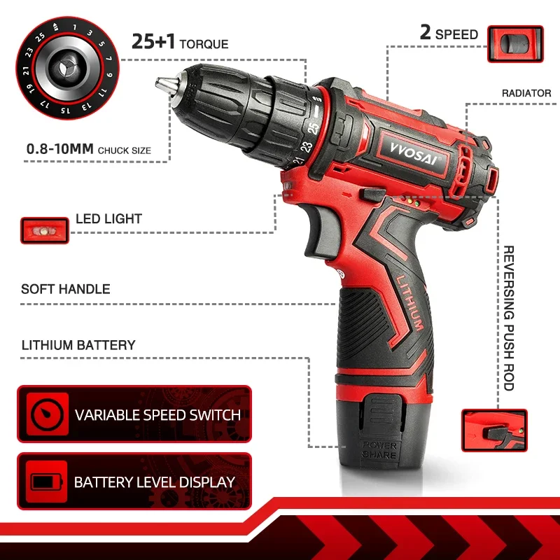 VVosai 12v max furadeira sem fio mini driver de energia elétrica chave de fenda elétrica dc bateria de lítio-ion 3/8-Polegada 2-speed