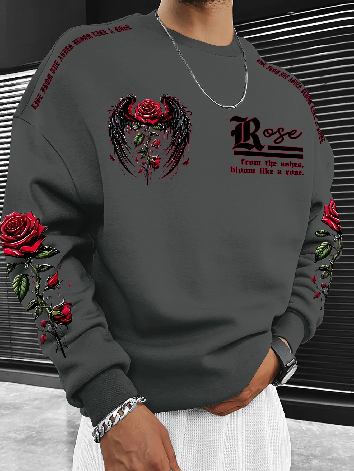 Lässiges Herren-Langarmshirt mit Rundhalsausschnitt, Sweatshirt mit Rosenflügel-Blumen-Slogan-Grafikdruck, S-XXL – Detail 5