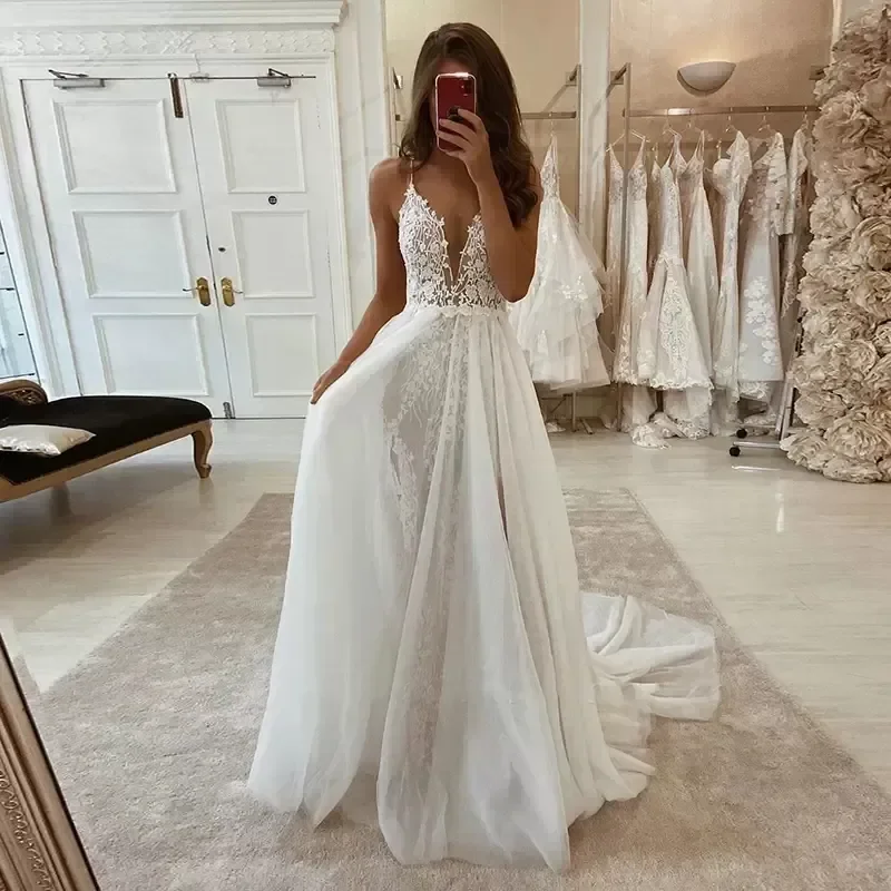 Sexy Spaghetti Strap Appliques Boho Wedding Gowns A-line Lace Bridal Dresses Trouwjurk Robe De Mariage Es for Special Occasions