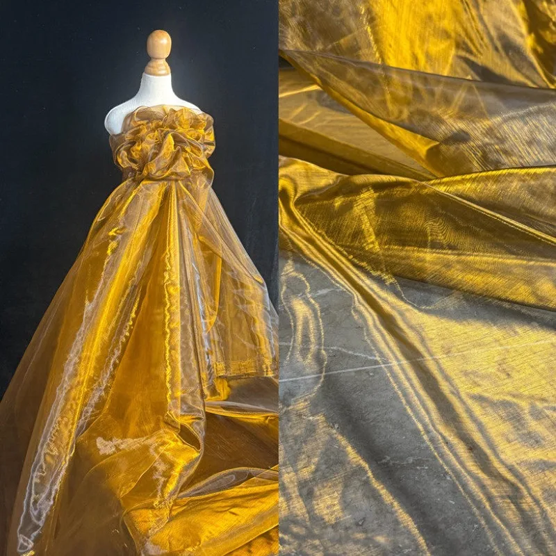 3 Meters Gold Silk Jade Dew Crystal Shimmer Tulle Gradient Dual - Color Hazy Reflective Fabric for DIY Wedding Dress Design