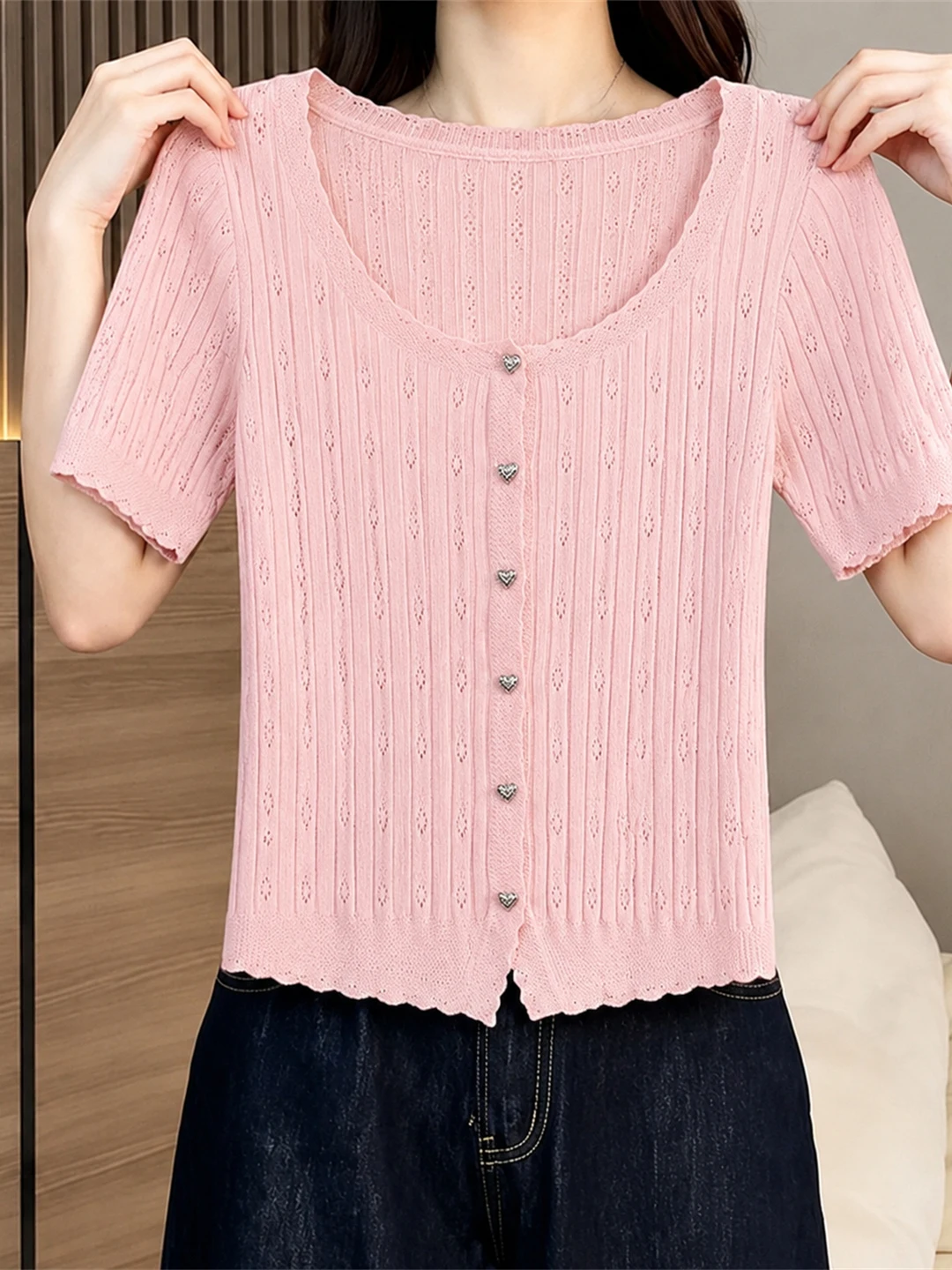 

Sweet Style Gentle Single Button Knitwear Short Sleeve Women's Fashionable Sun Protection Top Summer Small Shirt Poet Lin