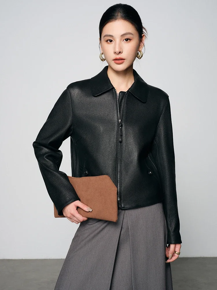 

Classic Black Genuine Leather Jacket for Women Spring Autumn 2026 New High-end Simple Soft Slim Short Real Goatskin Leather Coat