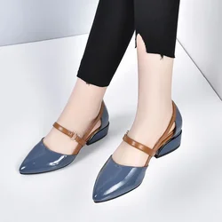 Comemore 2025 Leather Soft Leather Sandals Women Summer Fashion Pointed Heels Thick Low Heel Shoes Elegant Woman Sandal Female