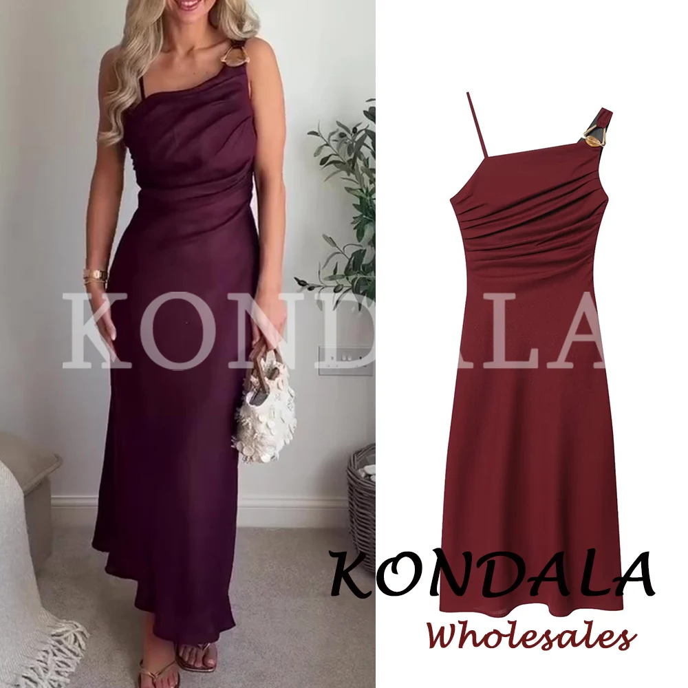 KONDALA Schickes Weinrotes Etuikleid Frühling Damen Tanktop-Kleid Mode 2026 Asymmetrisches Plissiertes Sexy Kleid Weibliches Nacht-Party-Langes Kleid