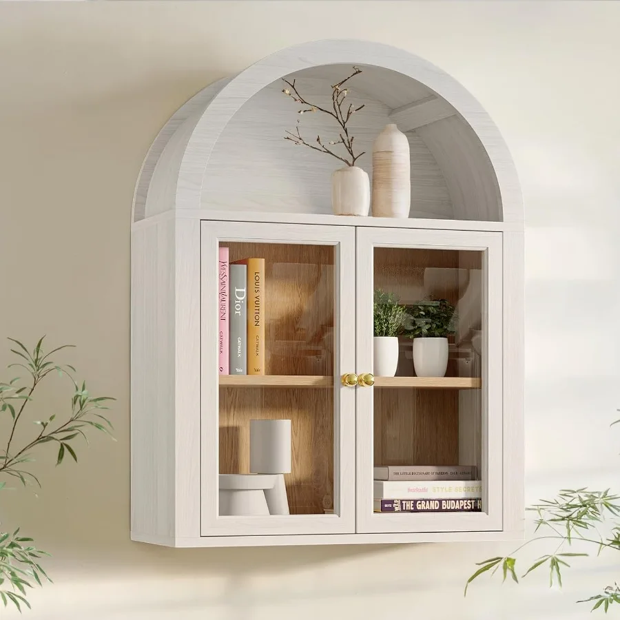 Arched Wall CabinetGlass Display Wall Mounted Cabinet with Tempered Glass Doors Floating Cabinet with Adjustable Shelves for Ba