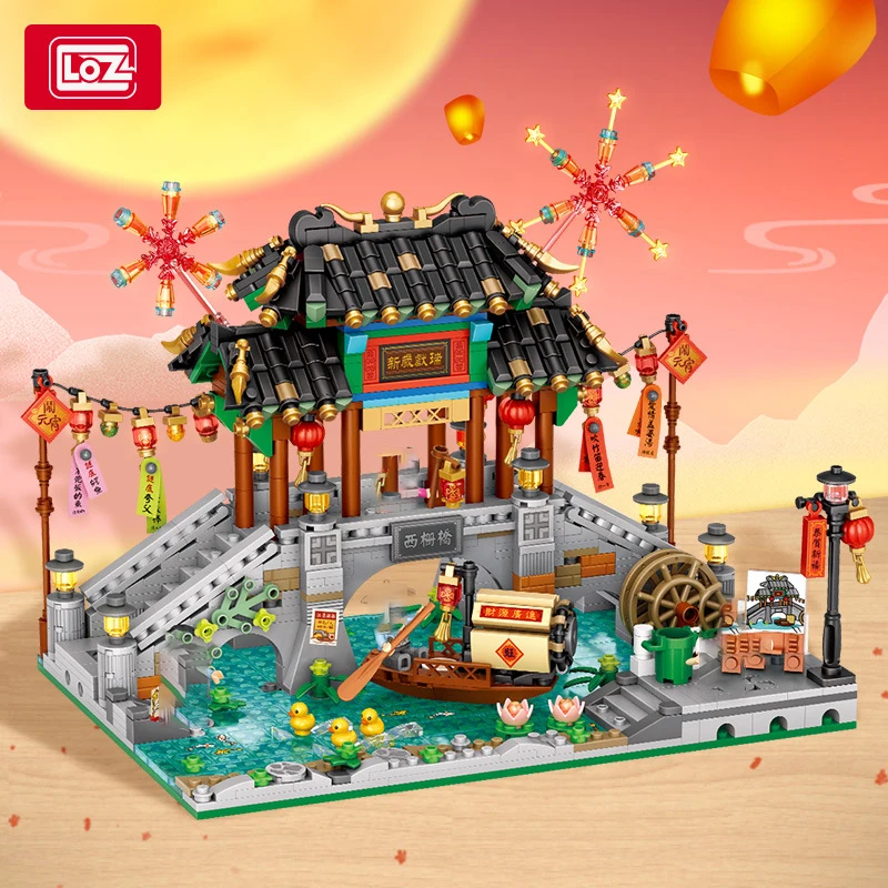 LOZ country tide series of Jiangnan water village pavilion ancient house children\'s building blocks toys Spring Festival gift