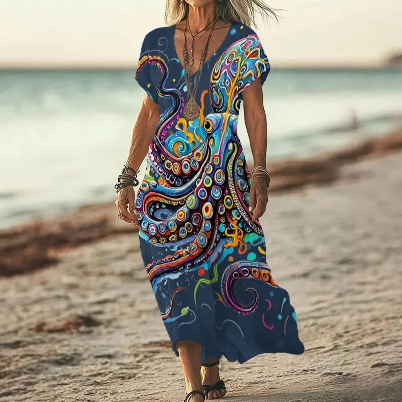 Vintage Rainbow Octopus Art Print V-neck Dress 3D Printed Casual V-neck Dress Female Dresses