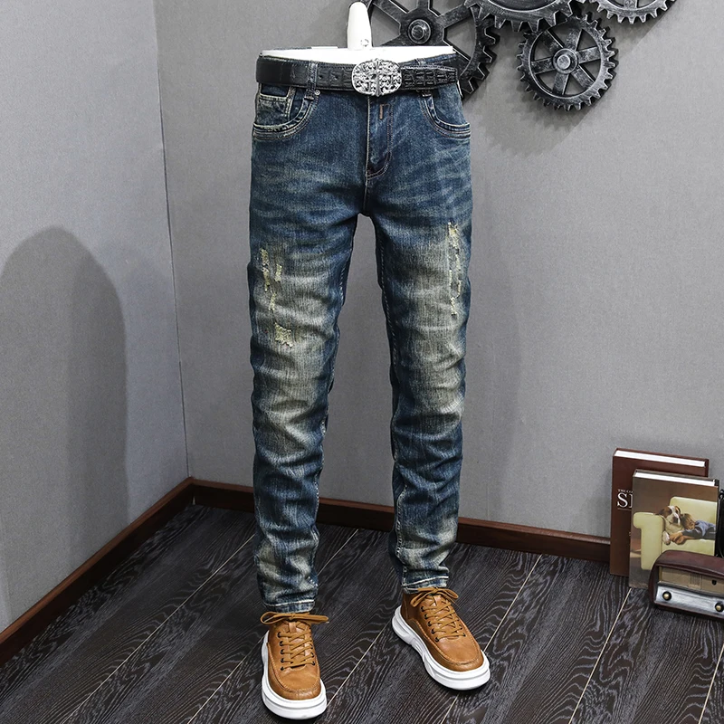 Fashion Designer Men Jeans Retro Black Blue Elastic Stretch Slim Fit Ripped Jeans Men Embroidery Vintage Denim Pants Hombre