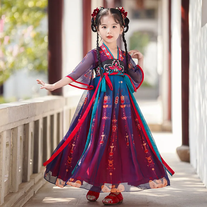 

Girls Hanfu Dress for Spring Summer 2023 New Kids Ancient Costume Fairy Children'S Embroidery Patchwork Tang Suit Ropa De Niña