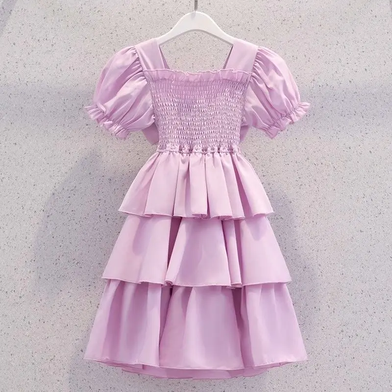 Kids Girls Purple Cake Dress 2025 New Children Backless Bow Dresses Princess Summer Multilayer Dress European American Style