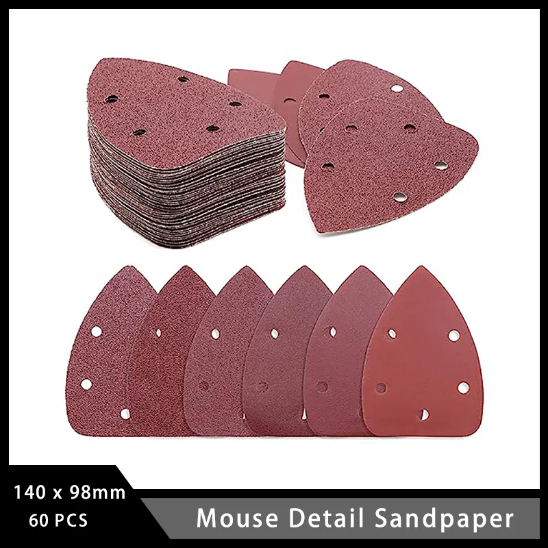 

140mm x 98mm Mouse Detail Sandpaper 5 Hole 60 Pcs Hook and Loop Assorted 40/60/80/120/240/320 Grit Sanding Sheets for Polishing