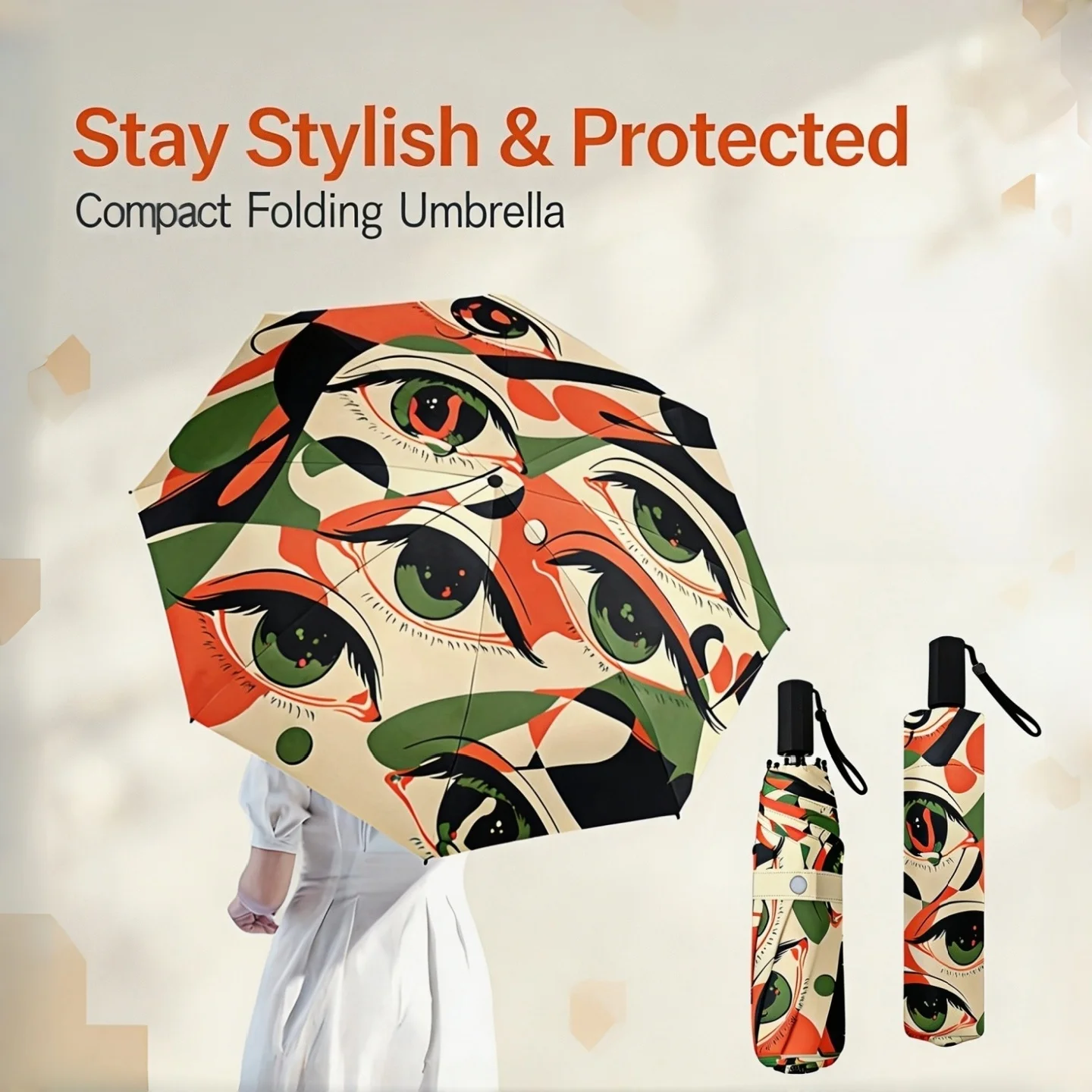 Folding Umbrella Abstract Eyes Portable Windproof Rainproof SunShade Travel Parasol Business Gift For Halloween Holiday Present