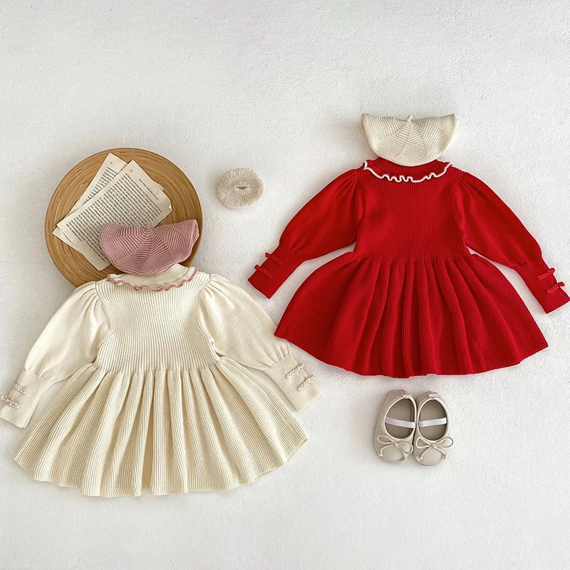 2024 New Autumn European American Style Baby Girls Knitting Dress Long Sleeved Solid Color Knitted Kids Princess Dresses