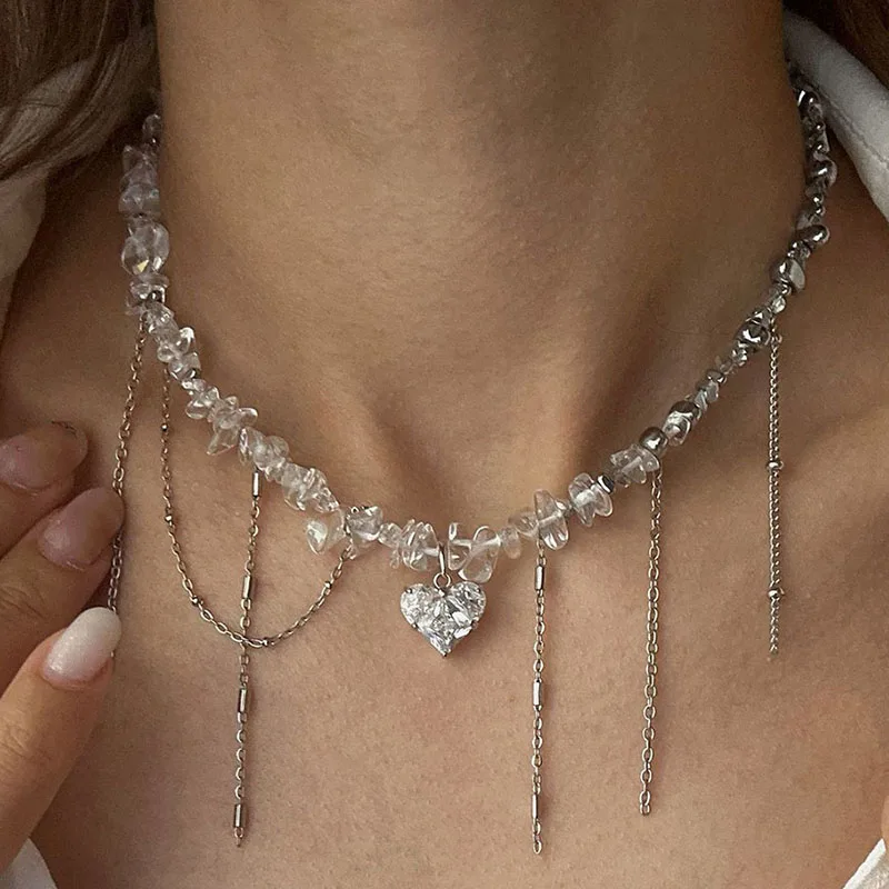 New Irregular Choker Vintage Tassel Chain Heart  Pendant Necklace For Women Female Natural Stone Vacation Beach Chain Gift N0550