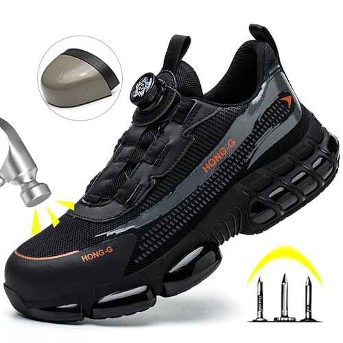 Imagen 2 del producto Zapatos protectores con cojín de aire para hombre, zapatos de seguridad a la moda con botón giratorio, botas de trabajo indestructibles a prueba de pinchazos, zapatos con punta de acero