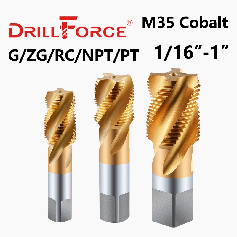 Drillforce kobaltowy gwintownik do rur wiertła HSSCO M35 spiralne zwoje narzędzia do stali nierdzewnej G/ZG/RC/NPT/PT 1/16 "-1"