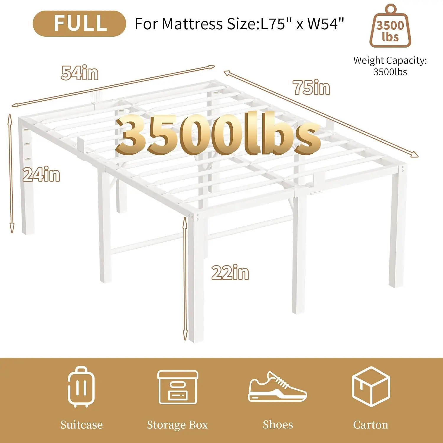 24 Inch Tall Metal Platform Bed Frame 3500 LBS Heavy Duty Full Size White, Customized