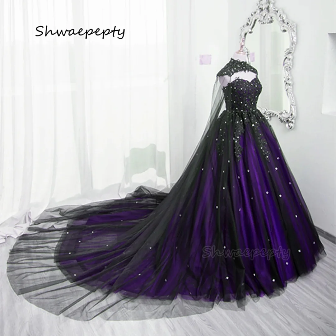 Gothic Wedding Dress With Wrap Black And Purple Vintage Bridal Gowns Lace Appliques Beaded High Neck Vestido De Novia 2025