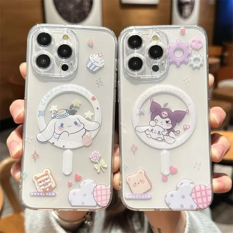 Cute Cartoon Pattern Angel Dog Phone Case Magnetic Transparent Protective Cover for iPhone 17 Pro Max 16 15 14 13 Pro Couple Gif