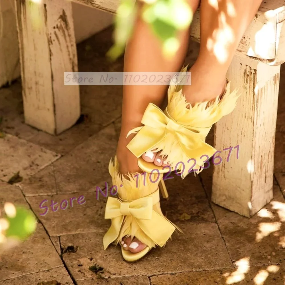 Yellow Feather Sweet Mules For Women Satin Bowknot Strap High Heels Dress Shoes Female Festival Party Elegant Pink Slippers