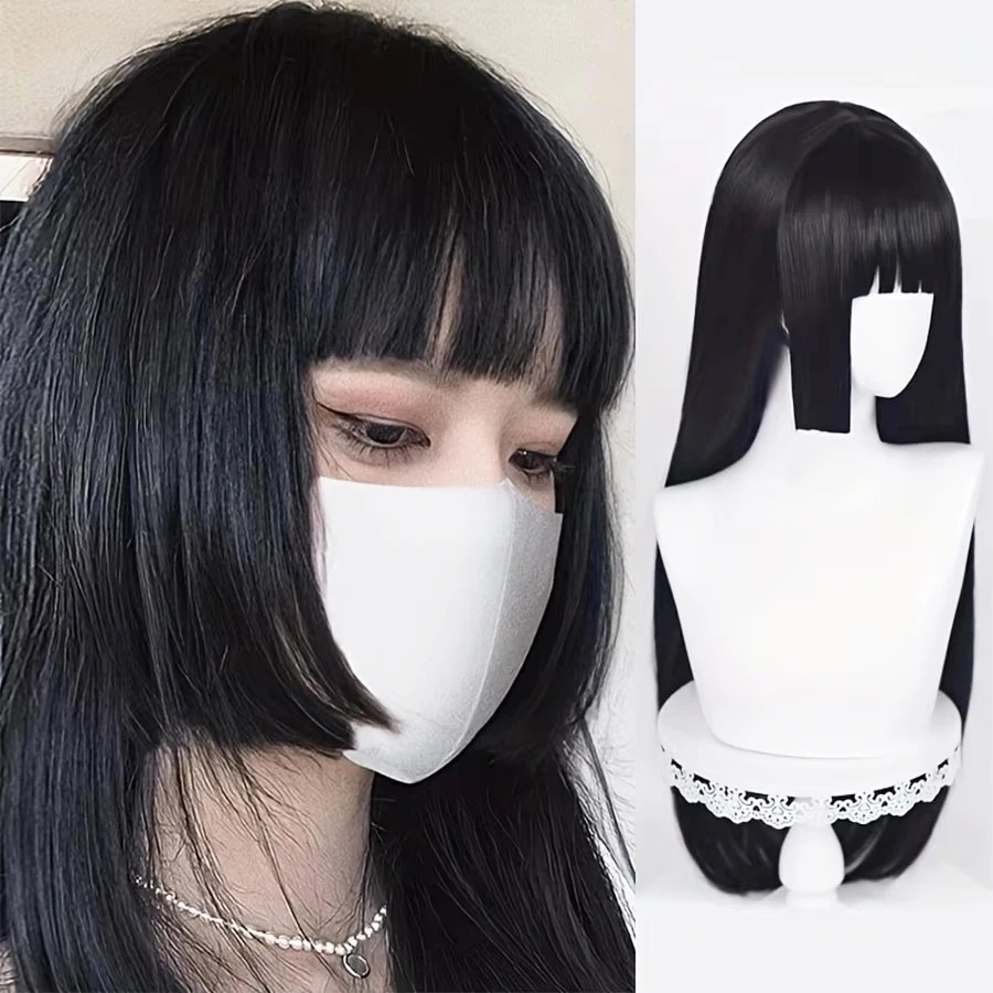 Peluca sintética negra lacia larga natural con flequillo, peluca de cosplay Lolita para mujer, fibra resistente al calor, para fiesta diaria