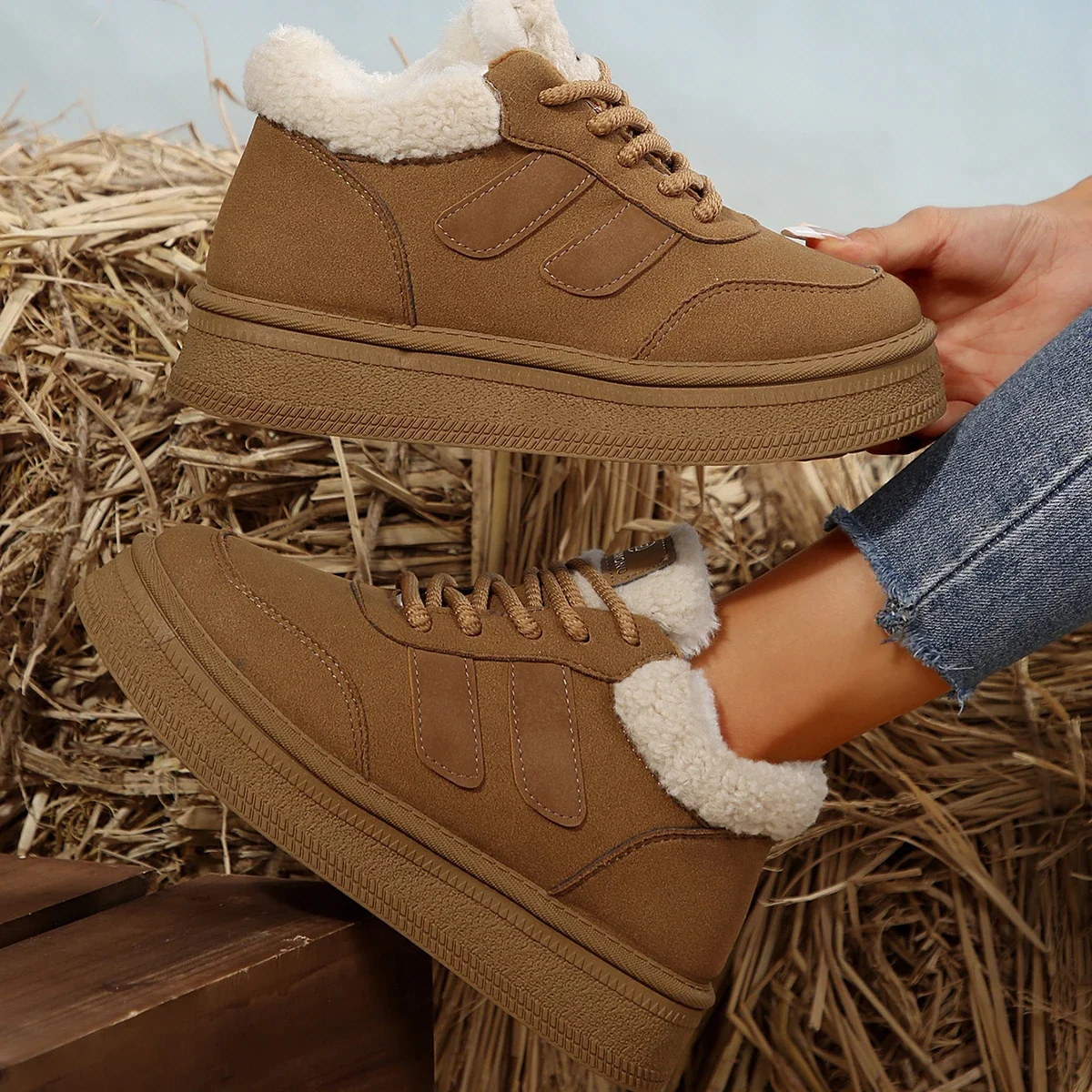 Women Ankle Boots Fluff Lined Thick Bottom Boots Bread Shoes Round Toe Low Top Shoes Women Warm Sneakers Zapatillas De Deporte