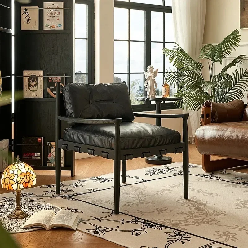 French retro single solid wood sofa chair black leather leisure chair home reading chair