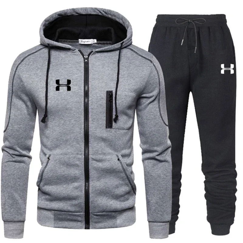 Autumn Winter Mens Tracksuit Jogging Sweatpants 2 Piece Set Sport Zipper Jacket+Running Trousers Suit Casual Printing Clothing