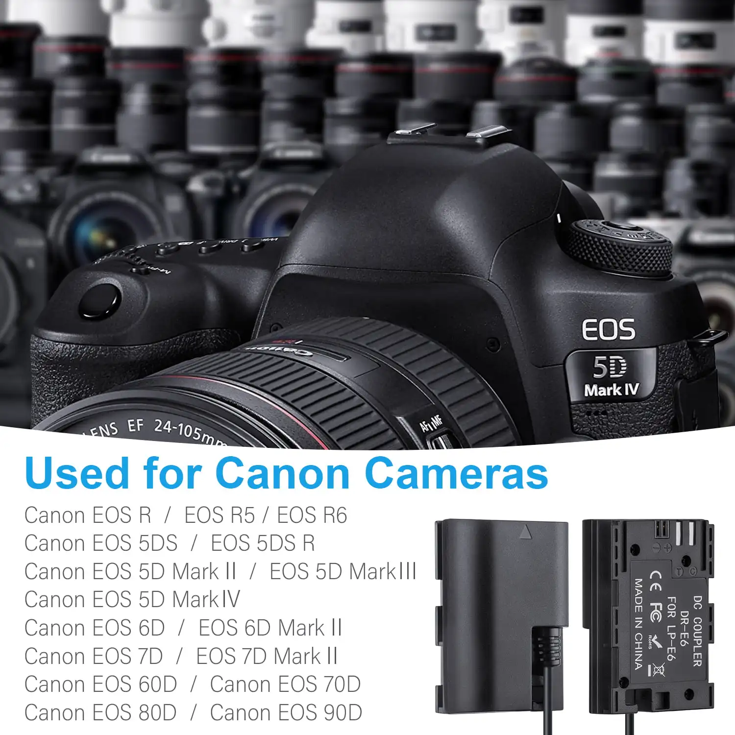 FOMITO LP-E6 Dummy Battery Decoded Replacement with Type-C Spring Power Adapter Cable for Canon 5D2 5D3 5D4 5DSR 6D 6D2 60D