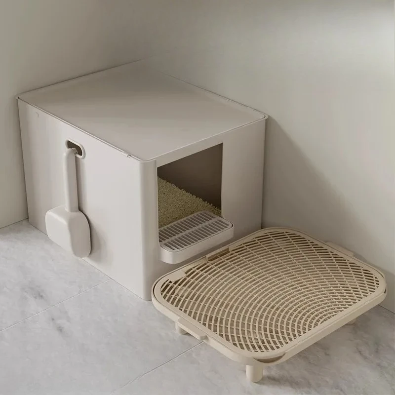 Jumbo Cat Litter Box Semi-Enclosed Poop Tray with High Fence Isolate Odor Pet Toilet for Large Cats Dual Purpose Cat Bedpans
