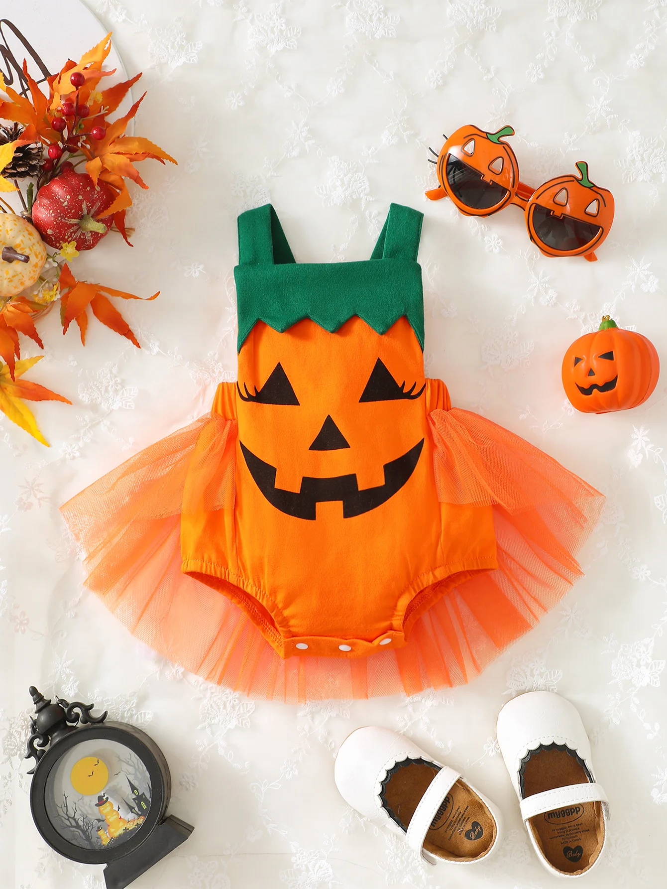 Baby Girl Cute And Sweet Pumpkin Shaped Patchwork Mesh Dress