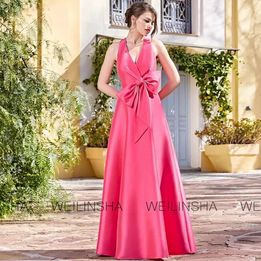 Customized Wedding Guest Dresses Satin A-line Cocktail Party Pink Halter Bow Pleat Ruched Mother of the Bride Dress Long 2025