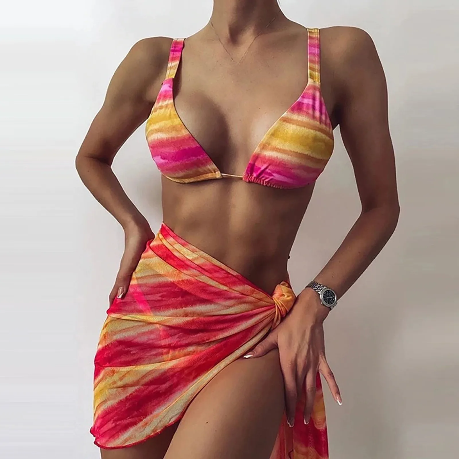 Conjunto de Bikini de tres piezas para Mujer, ropa de baño con sujetador, tankini estampado, Verano